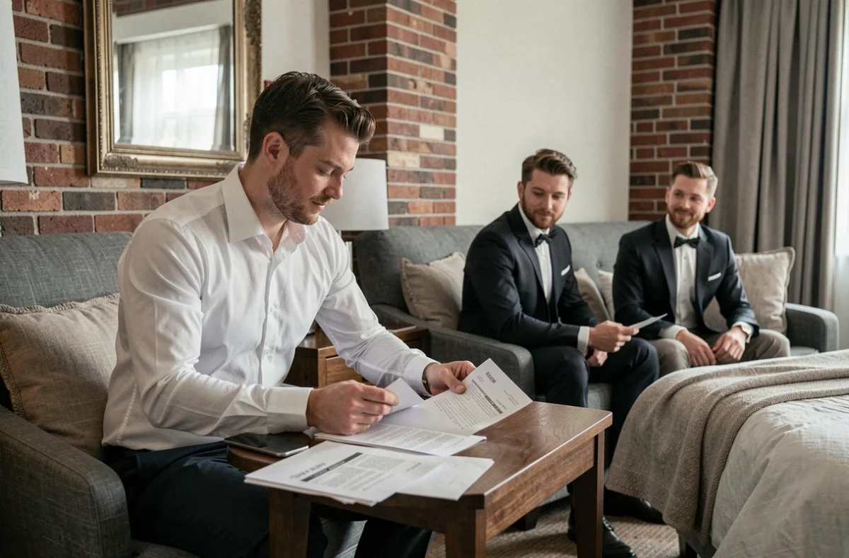 Marié consultant des factures d'hôtel avec ses garçons d'honneur dans une chambre d'hôtel élégante avant le mariage