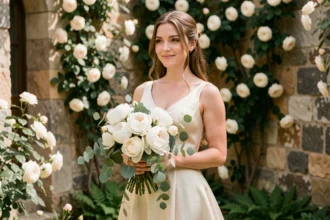 Mariée tenant un bouquet de pivoines blanches et de roses dans un jardin avec des murs en pierre ancienne