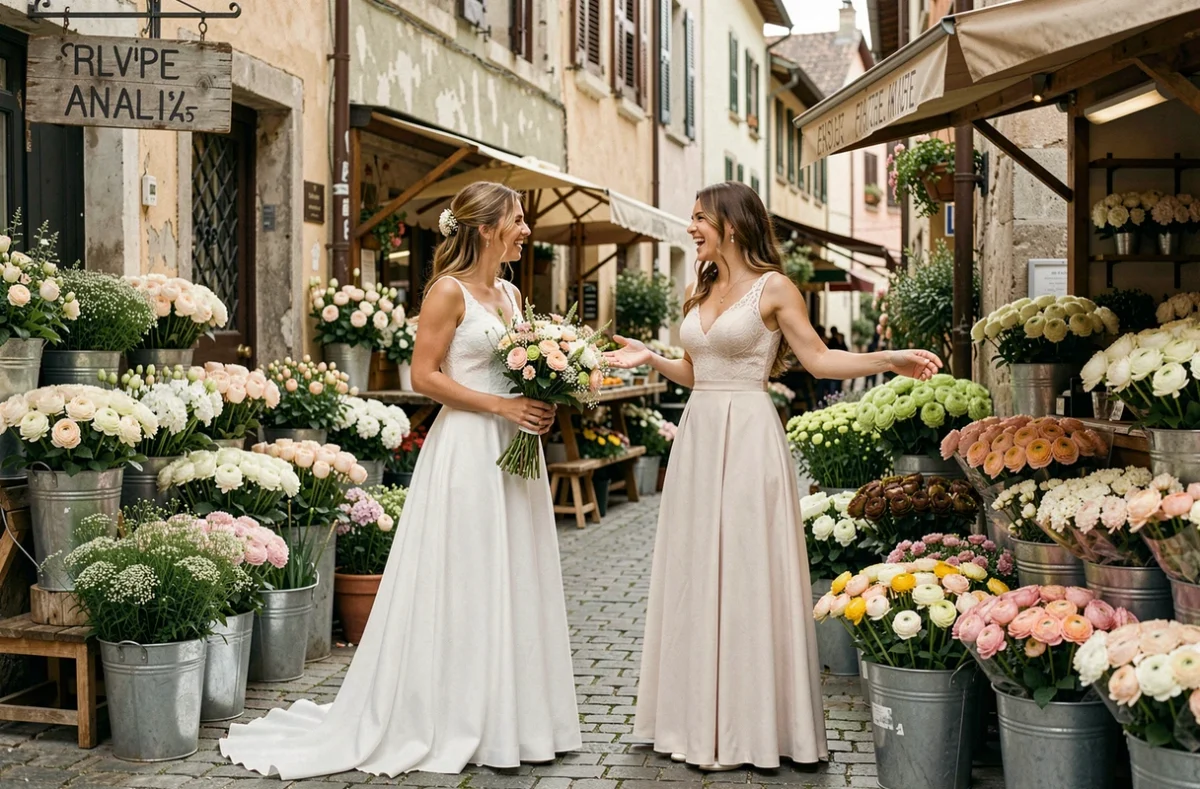 Mariée et demoiselle d'honneur choisissant des fleurs dans un marché de village européen