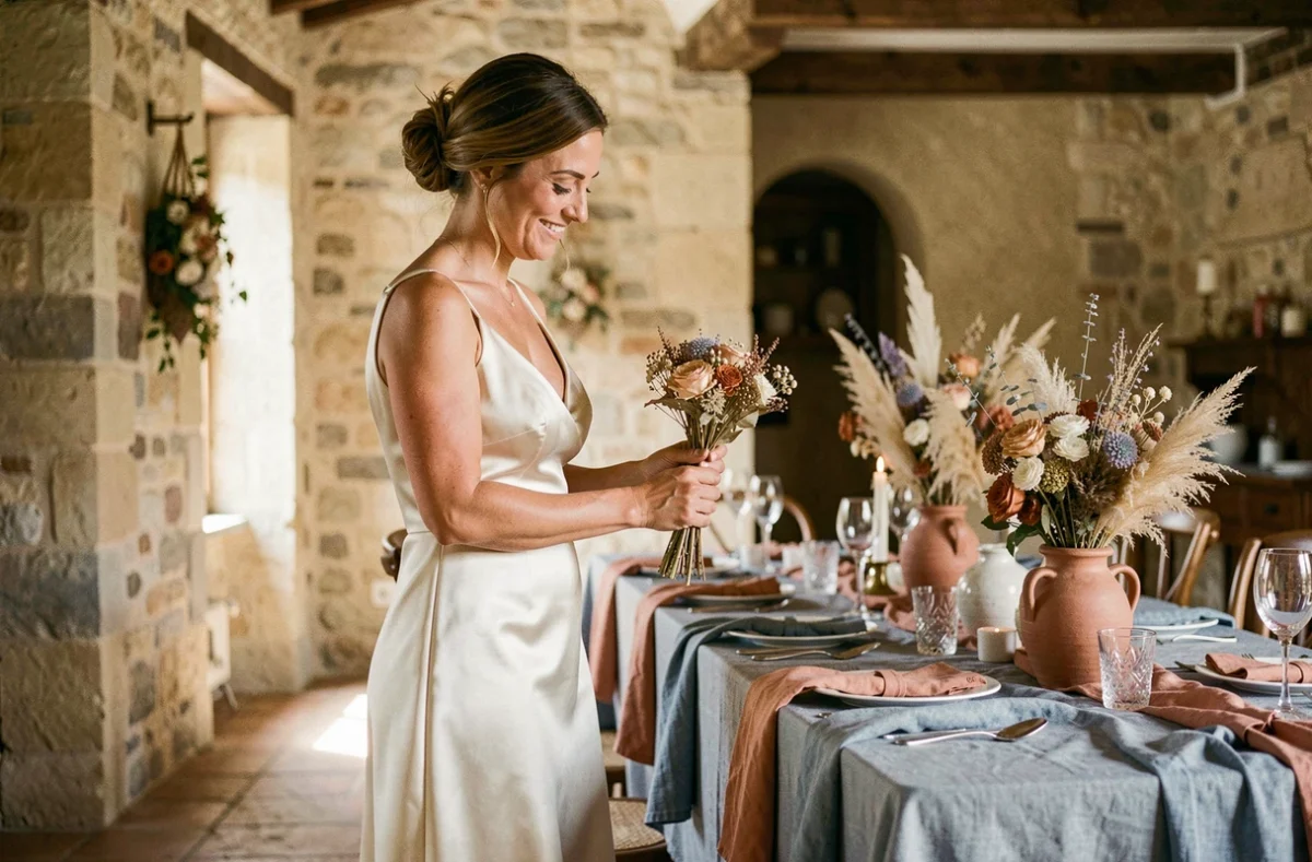 Mariée en robe ivoire arrangeant un bouquet devant une table décorée aux couleurs terracotta et bleu poussiéreux dans un domaine en pierre