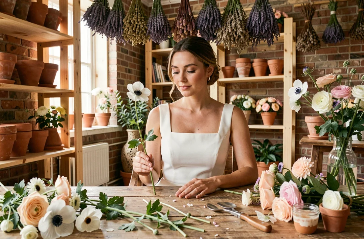 Mariée en robe minimaliste examinant une anémone blanche dans un atelier floral rustique
