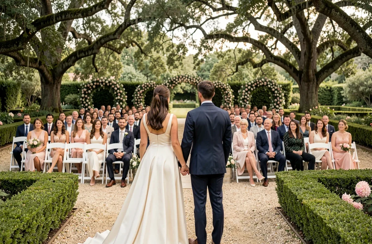Mariés de dos observant leurs 100 invités assis dans un cadre de cérémonie de jardin élégant avec arches fleuries
