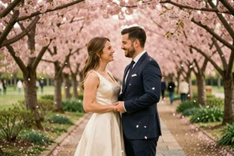 Couple de mariés souriants sous des cerisiers en fleurs au printemps dans un parc