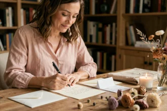 Femme rédigeant un mot d'accompagnement pour un chèque de mariage à son bureau
