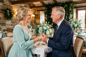 Couple fêtant leurs noces de béryl dans un restaurant élégant avec une décoration aux tons vert d'eau et cristal