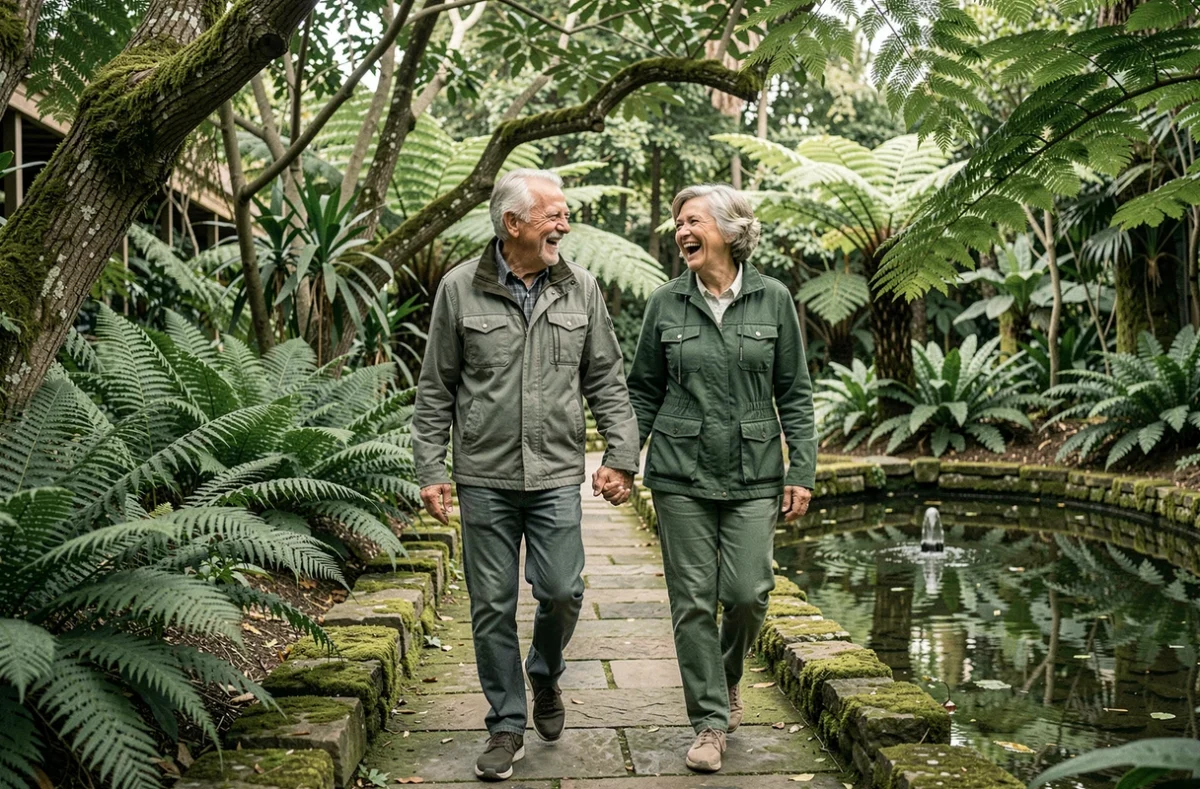 Couple de personnes âgées se promenant dans un jardin botanique pour célébrer leurs noces de béryl