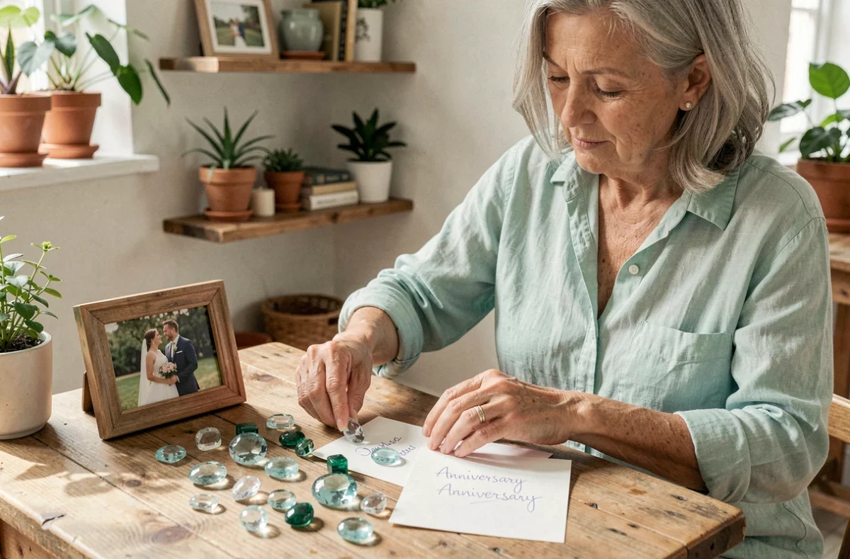 Femme arrangeant des pierres de béryl et une carte d'anniversaire pour célébrer 75 ans de mariage à domicile