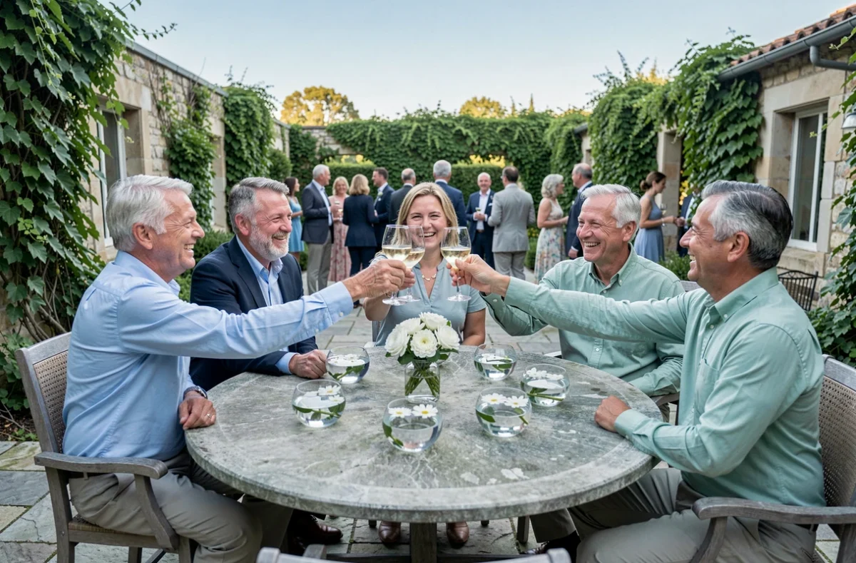 Groupe d'amis portant un toast lors d'une fête de noces d'eau en terrasse de jardin