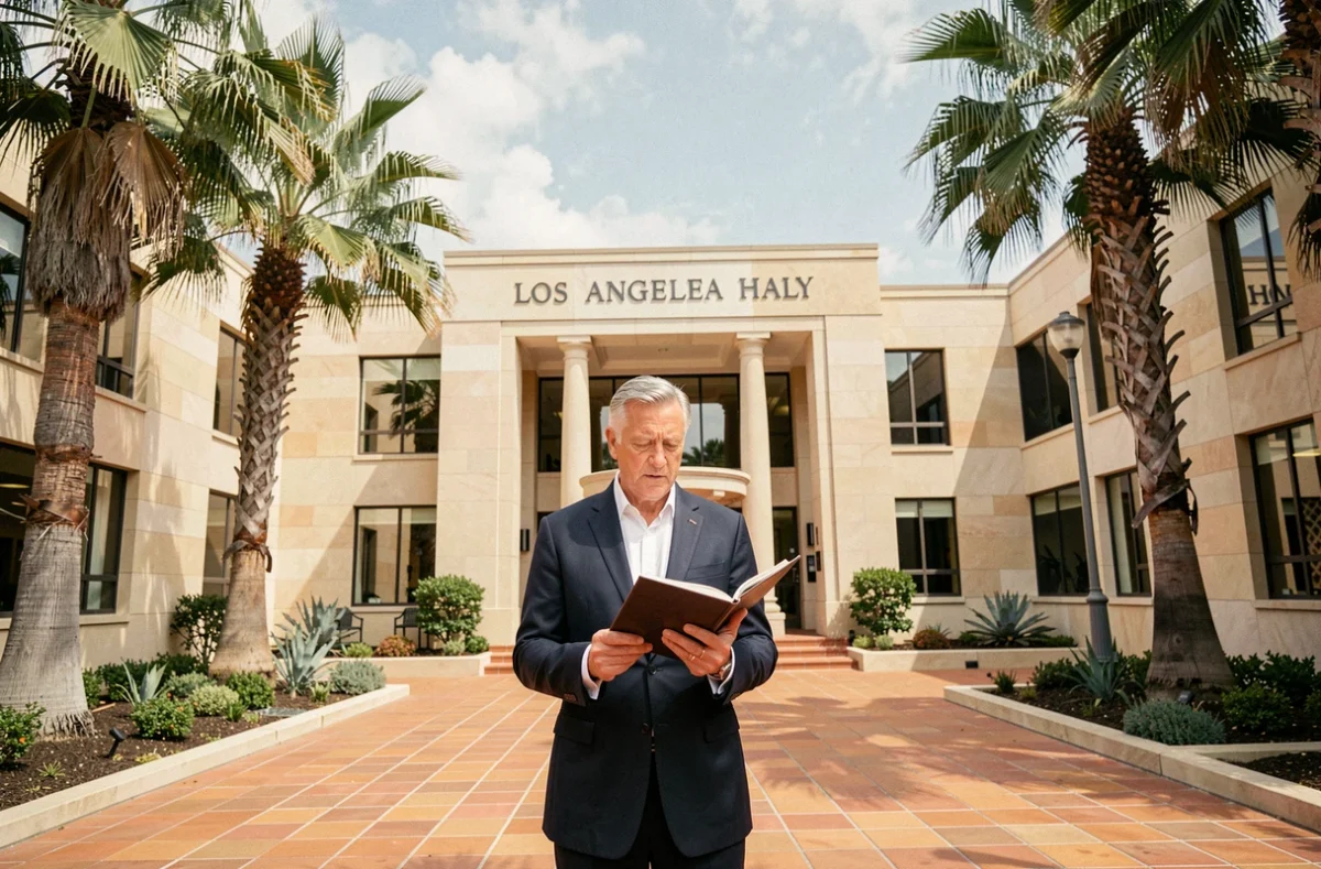 Officiant de mariage civil tenant son livret de cérémonie dans la cour d'une mairie de Los Angeles