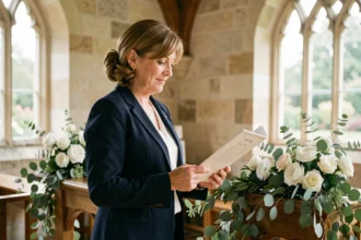 Officiant de mariage tenant le script de cérémonie devant un autel fleuri dans une chapelle en pierre