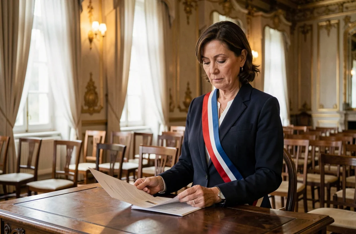Officier d'état civil portant l'écharpe tricolore dans une salle de mariage de mairie française