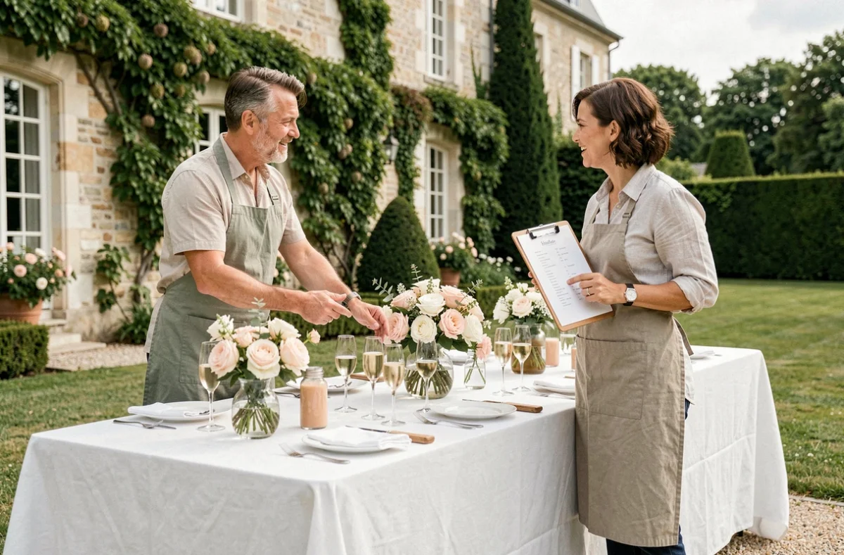 Organisation d'un vin d'honneur en plein air dans un jardin de château pour un mariage