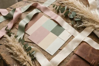 Palette de couleurs pour mariage posée sur table en bois avec rubans de tissu, herbe de pampa et carnet de planification