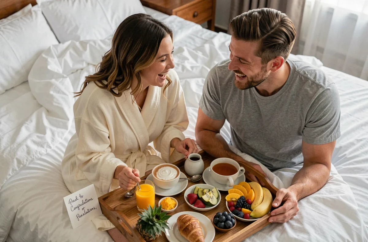 Couple de mariés riant ensemble autour d'un plateau petit-déjeuner dans une chambre d'hôtel de luxe en lune de miel