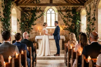Petite cérémonie de mariage intime dans une chapelle rustique en pierre en France avec un couple échangeant des vœux devant une dizaine d'invités