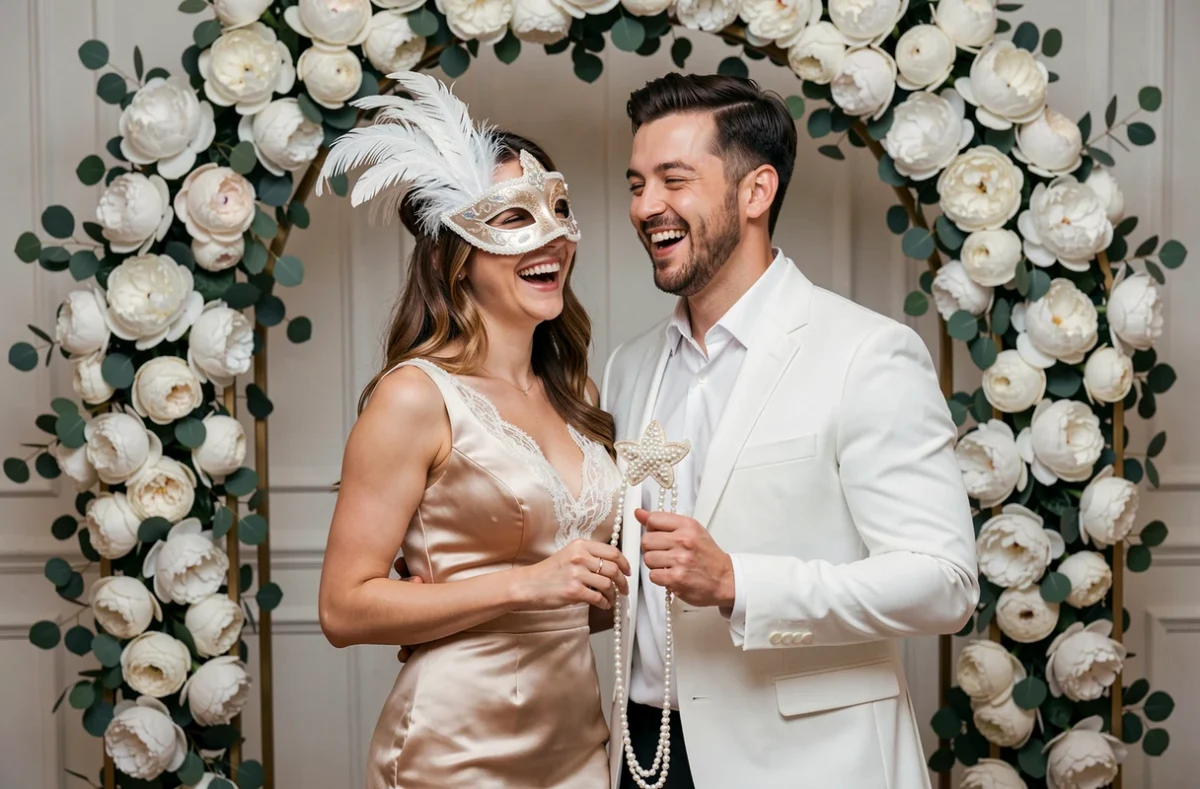Couple riant dans un photobooth fleuri avec accessoires de mascarade lors d'une réception de mariage chic