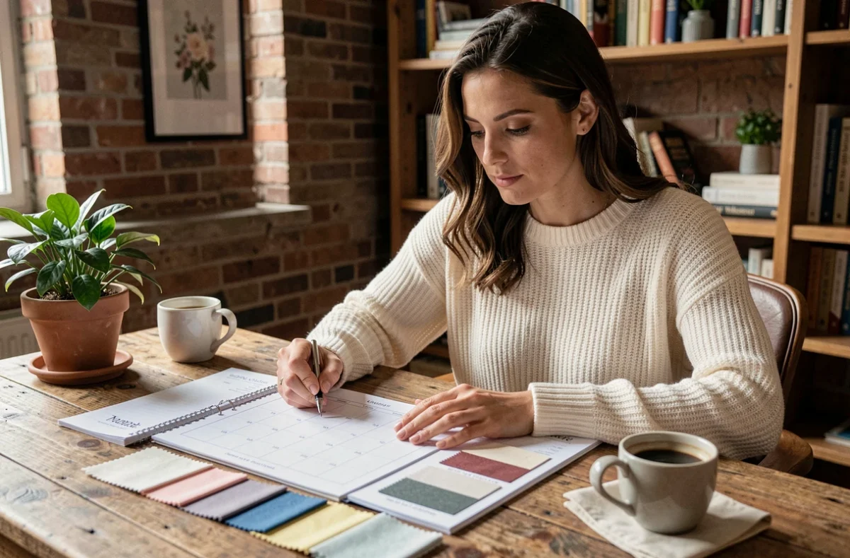 Femme planifiant son mariage avec un calendrier et des échantillons de tissu sur un bureau en bois