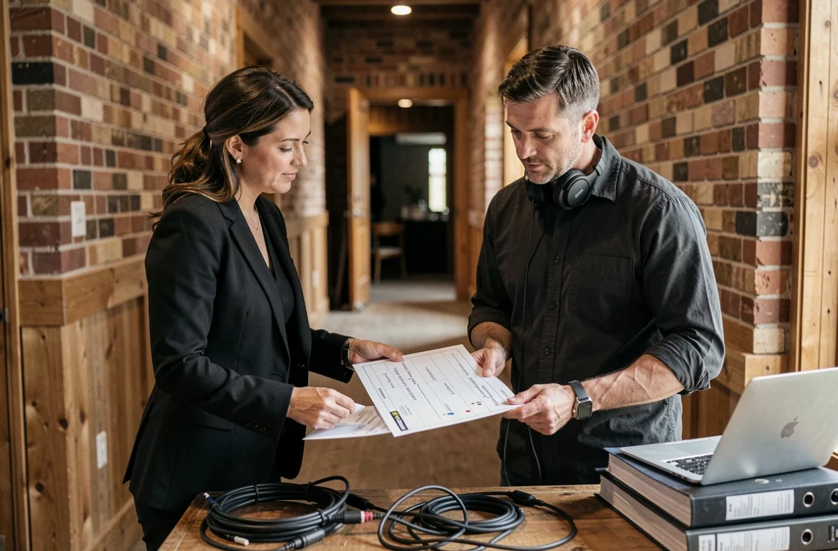 Coordinatrice de mariage et DJ vérifiant le planning des animations avant la réception