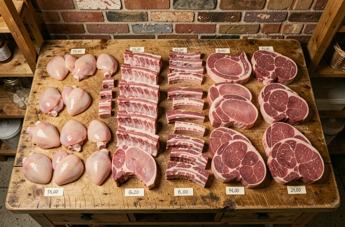 Assortiment de viandes portionnées sur un billot de boucher avec étiquettes de quantité pour un repas de groupe de 50 convives