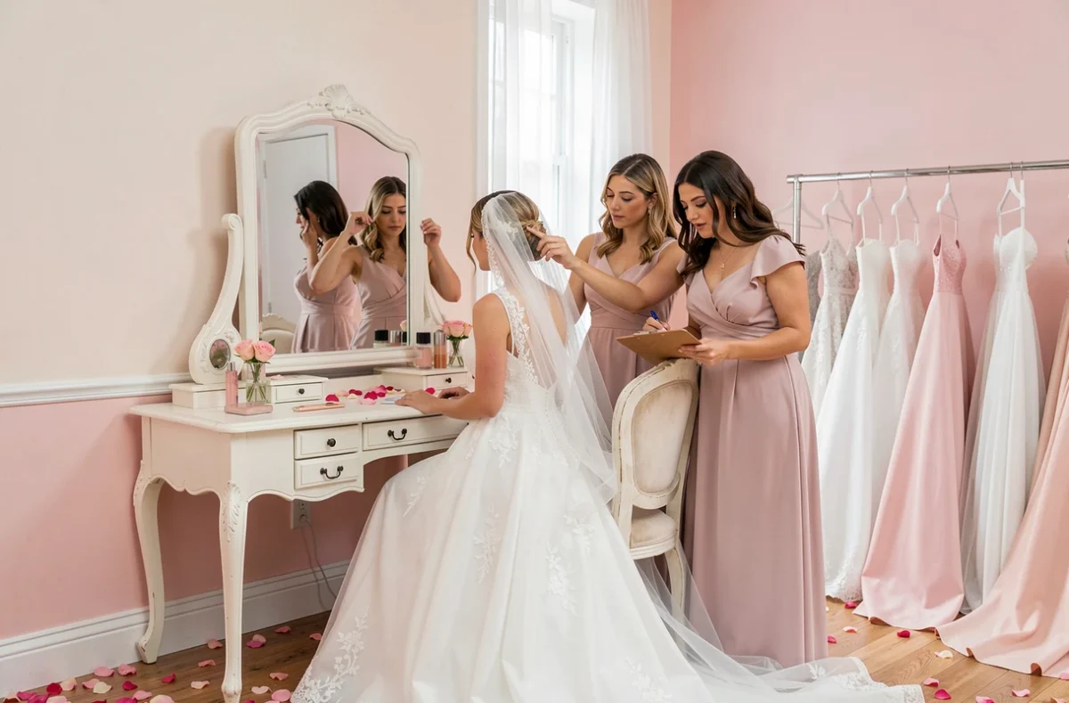Groupe de demoiselles d'honneur et témoin aidant la mariée à se préparer dans une suite nuptiale