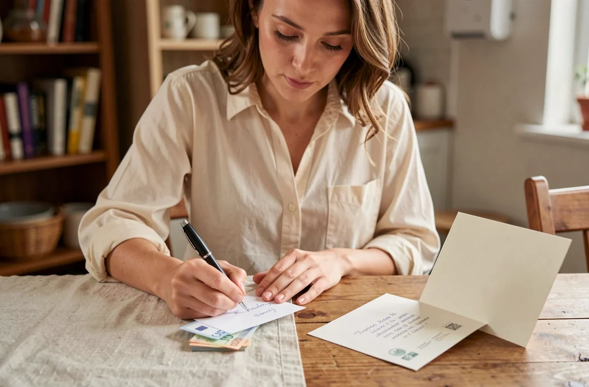 Femme préparant un chèque ou des billets en cadeau de mariage avec une carte manuscrite
