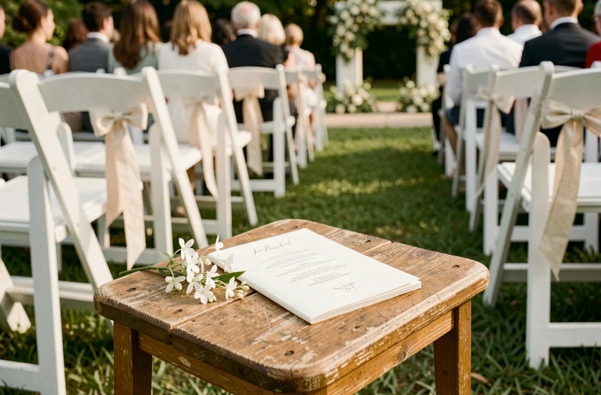 Programme de cérémonie de mariage posé sur une chaise en bois dans une allée de cérémonie en extérieur