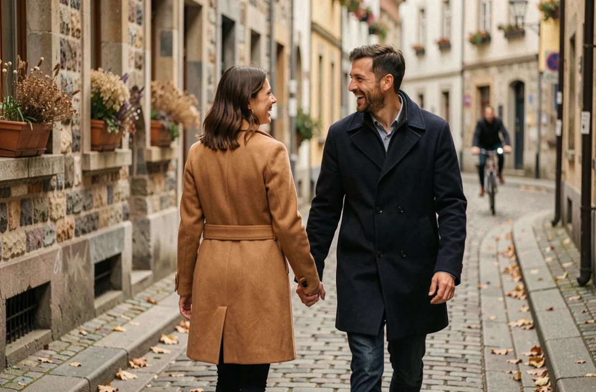 Couple amoureux se promenant main dans la main dans une rue pavée d'un quartier européen en automne