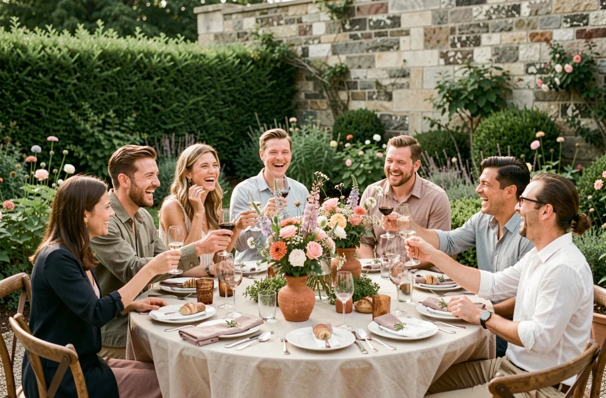 Réception de petit mariage en plein air dans un jardin clos avec une table décorée de fleurs sauvages et des invités qui célèbrent