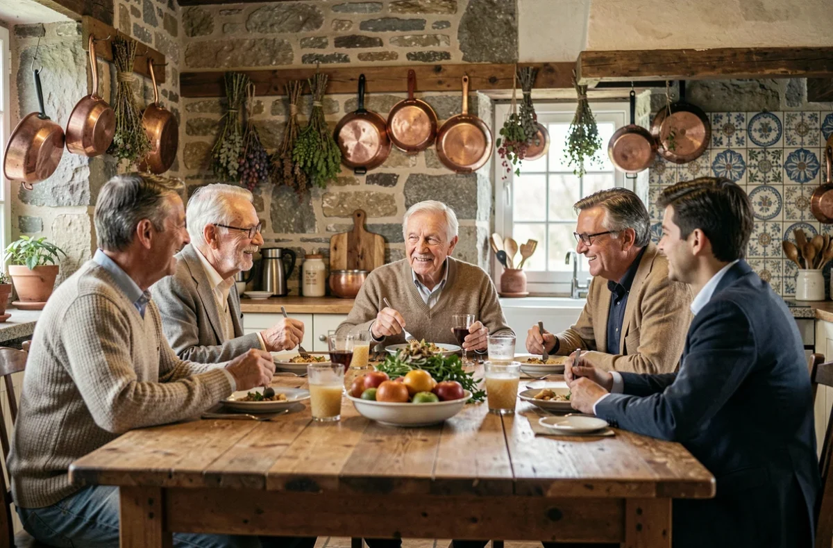 Réunion de famille multigénérationnelle dans une cuisine rustique européenne autour d'un repas traditionnel