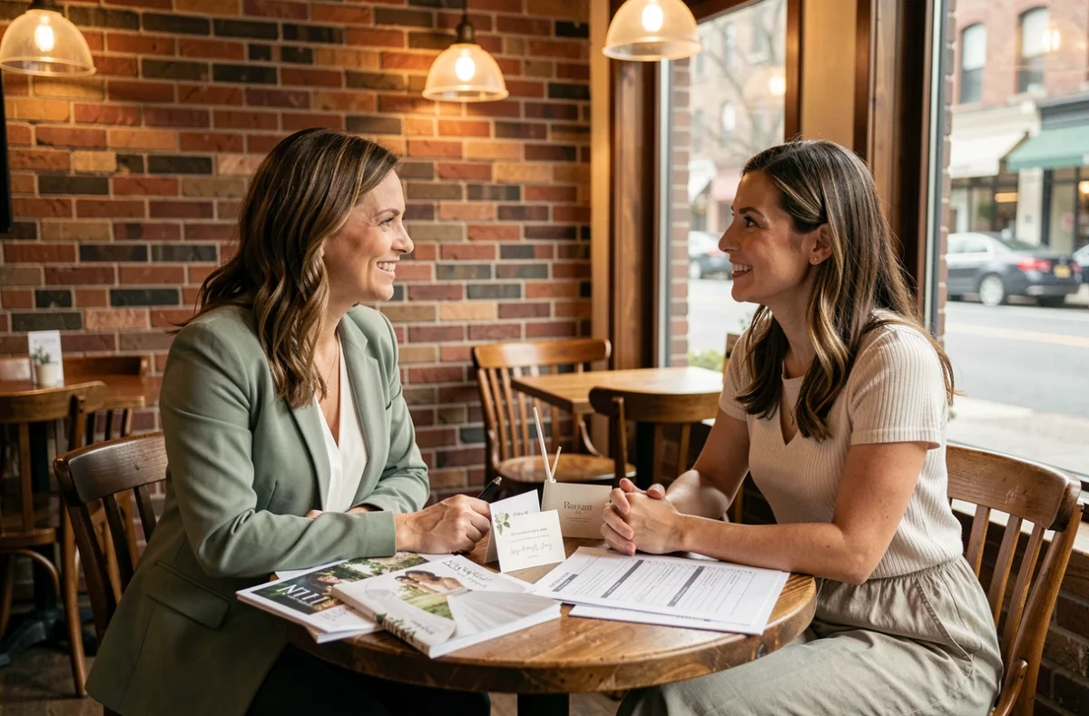 Consultante en organisation de mariage lors d'une réunion avec une future mariée dans un café