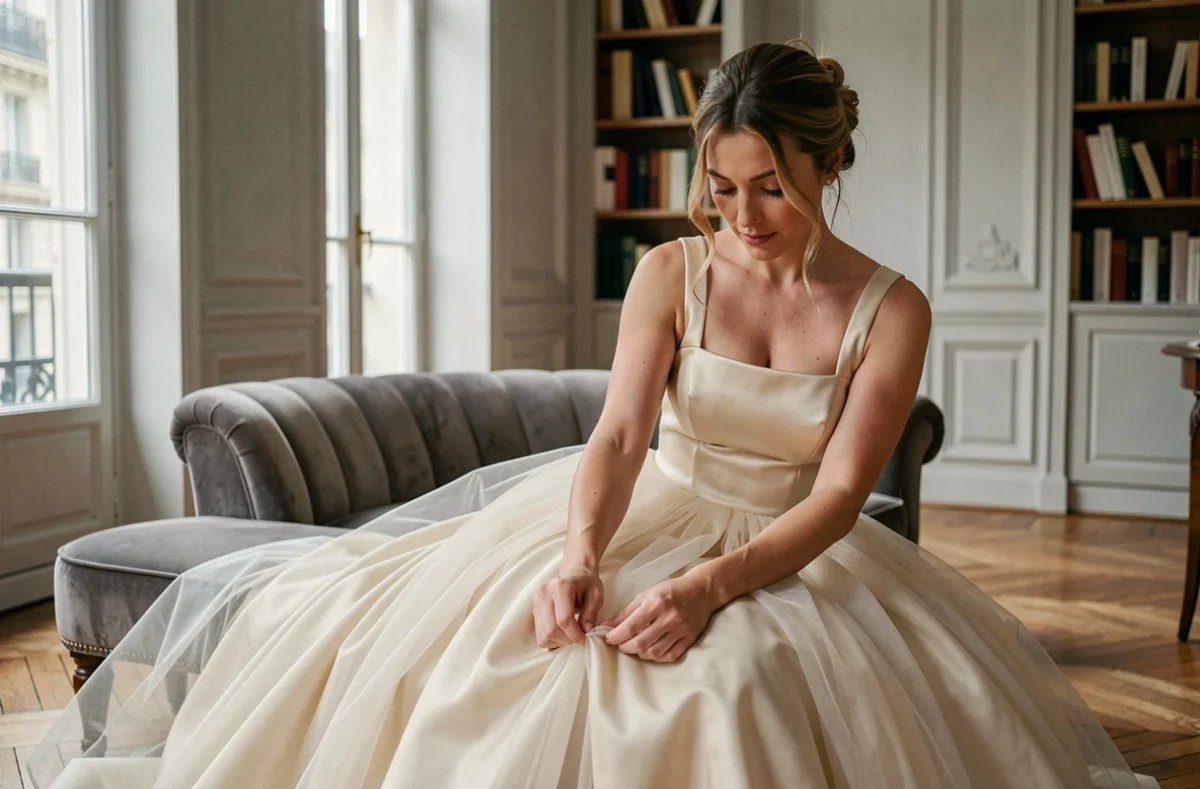 Femme en robe de mariée prêt-à-porter à jupe en tulle champagne assise dans un appartement parisien élégant
