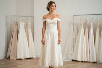 Femme portant une robe de mariée prêt-à-porter en soie ivoire dans une boutique de mariage minimaliste