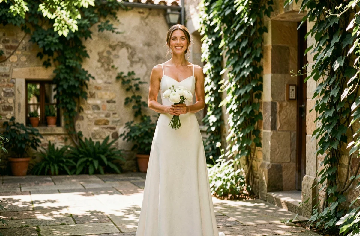 Mariée en robe prêt-à-porter blanche dans une cour de jardin en pierre avec bouquet de fleurs blanches