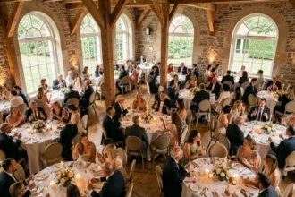 Salle de mariage élégante avec environ 100 invités assis à des tables rondes décorées, vue panoramique depuis un angle surélevé