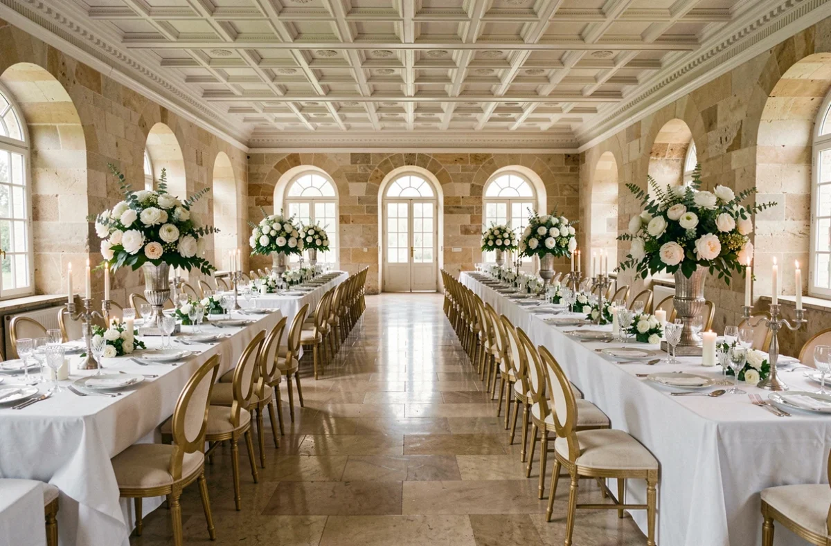 Salle de réception de mariage décorée dans un château français avec tables en lin blanc, cristal et pivoines