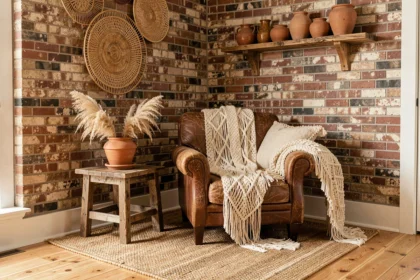 Salon rustique bohème avec fauteuil en cuir vieilli, jeté macramé à franges, table en bois brut et herbes de la pampa séchées dans un pot en terre cuite