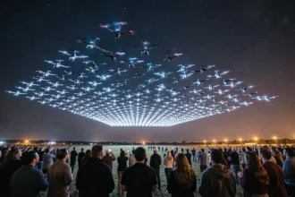 Spectacle de drones formant une constellation lumineuse géométrique dans le ciel nocturne au-dessus d'une foule de spectateurs en plein air
