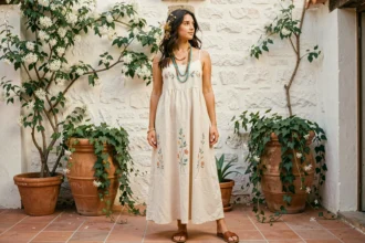 Femme en robe bohème lin crème avec bijoux ethniques sur une terrasse méditerranéenne entourée de plantes et de murs en pierre blanchie