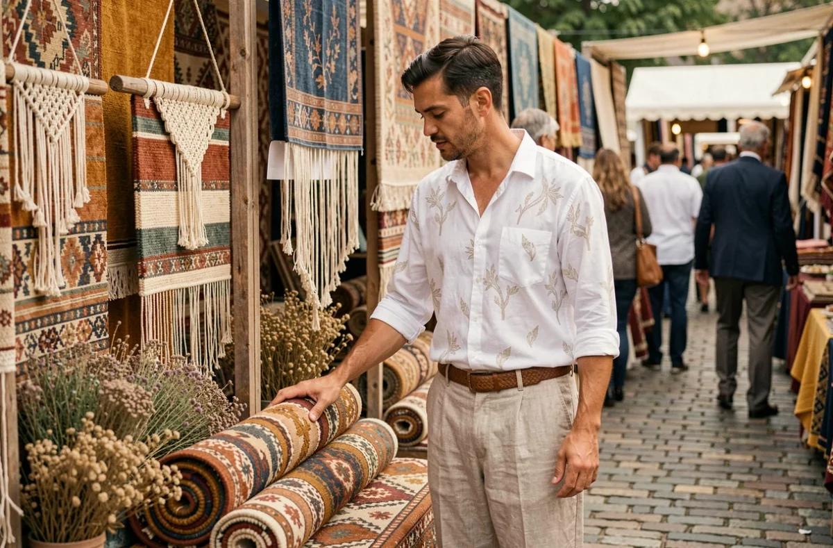 Homme en tenue bohème lin blanc parcourant des tapis kilim et textiles artisanaux dans un marché vintage en plein air