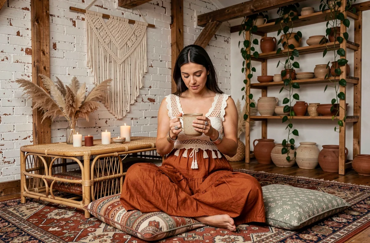 Femme en jupe bohème orange assise sur des coussins ethniques dans un intérieur bohème décoré de tapis persans, macramé et poteries artisanales
