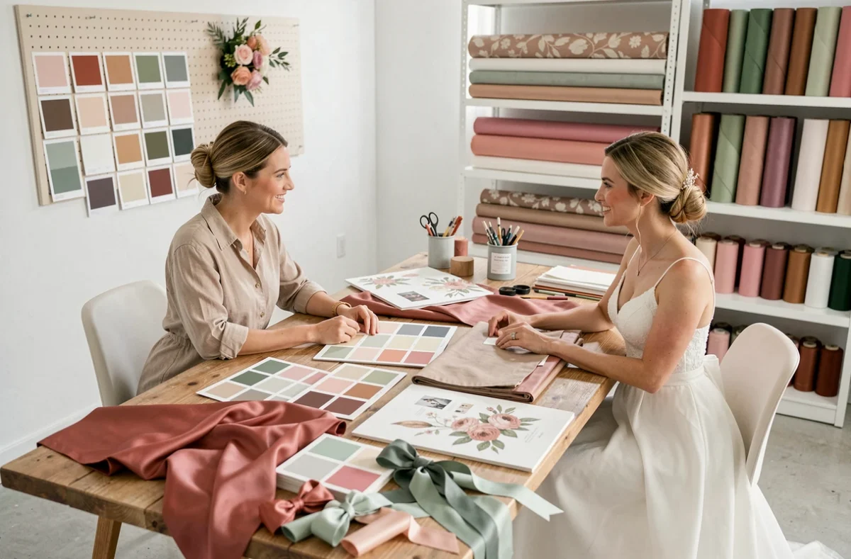 Styliste de mariage et mariée choisissant des couleurs assorties avec des échantillons de tissu et un tableau d'humeur