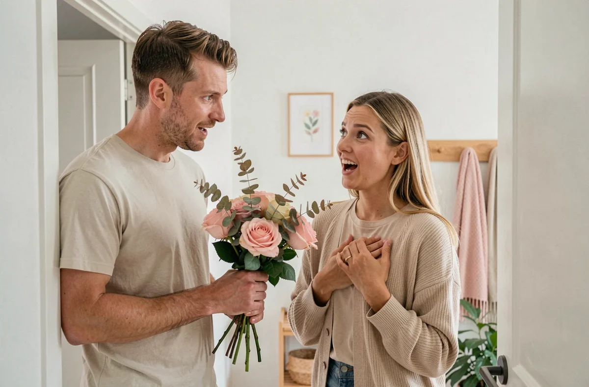 Homme offrant un bouquet de roses à sa partenaire surprise sur le pas de la porte de leur appartement