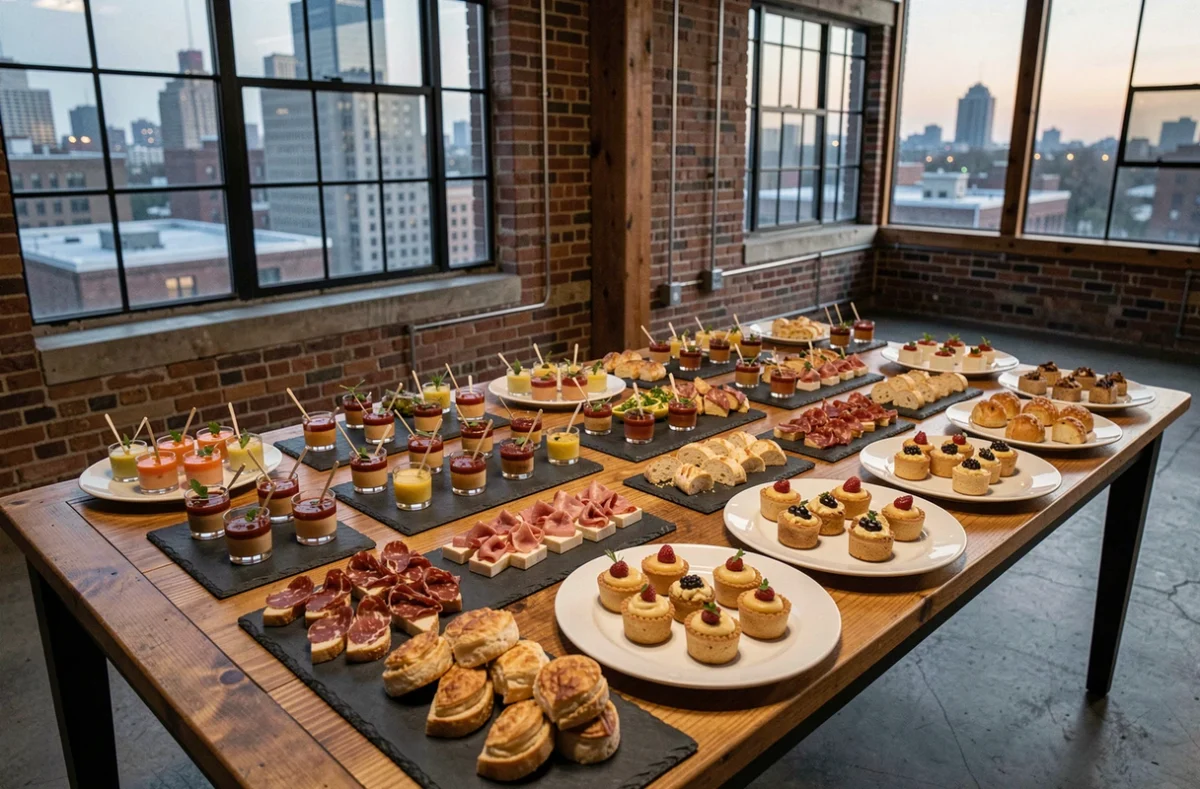 Table de cocktail dinatoire élégamment dressée avec verrines, charcuterie et petits fours dans un loft urbain