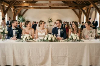 Table des mariés lors d'un mariage élégant avec le couple et leurs témoins assis ensemble dans une salle de réception décorée