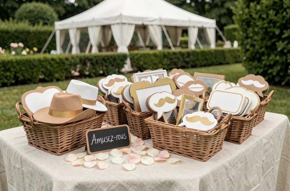 Table de props pour photobooth de mariage en plein air avec accessoires en carton blanc et dorés, panières en osier et signe en ardoise dans un jardin élégant