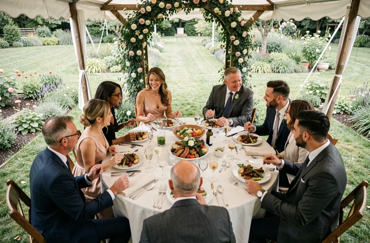 Table ronde des mariés en plein air sous une tente avec les parents et le couple lors d'une réception de mariage au jardin