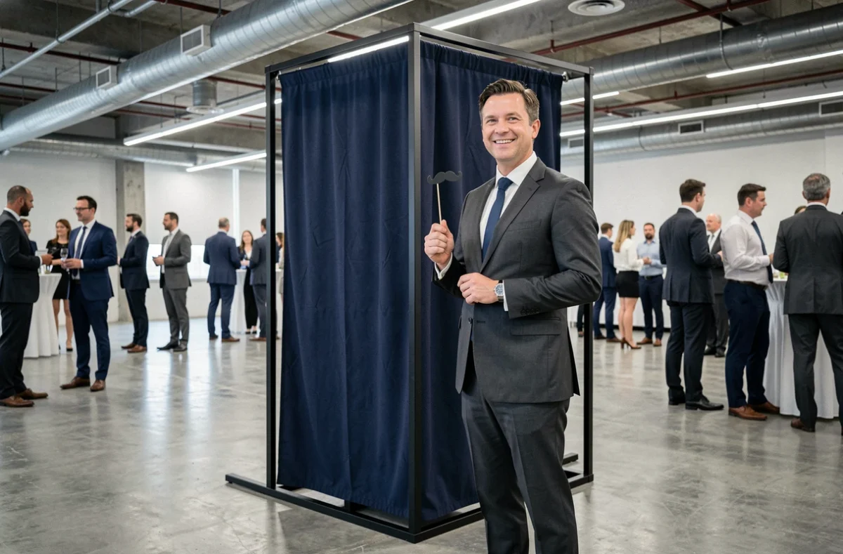 Photobooth compact à cadre aluminium noir installé dans un espace événementiel d'entreprise avec un homme en costume