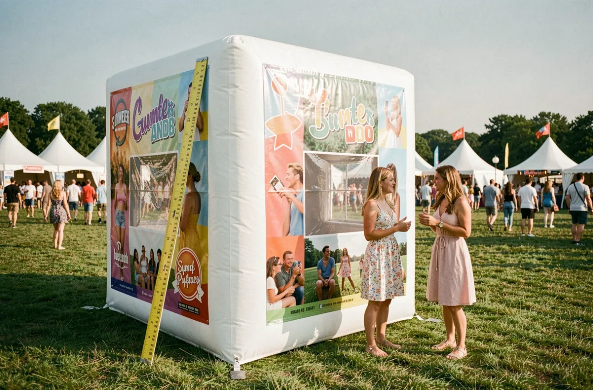 Photobooth gonflable extérieur de grande taille installé sur une pelouse lors d'un festival d'été avec deux femmes à côté