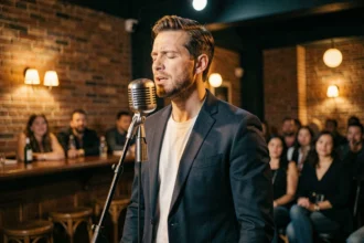 Chanteur professionnel en performance sur scène dans un club de jazz intimiste