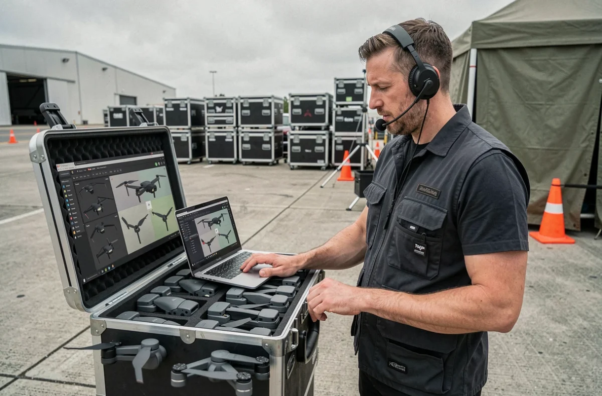 Technicien professionnel préparant des drones avant un spectacle lumineux, avec logiciel de chorégraphie de vol sur ordinateur portable